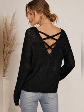 🖤 EN CREME Black Crisscross Back Lightweight Knit Sweater | Size M